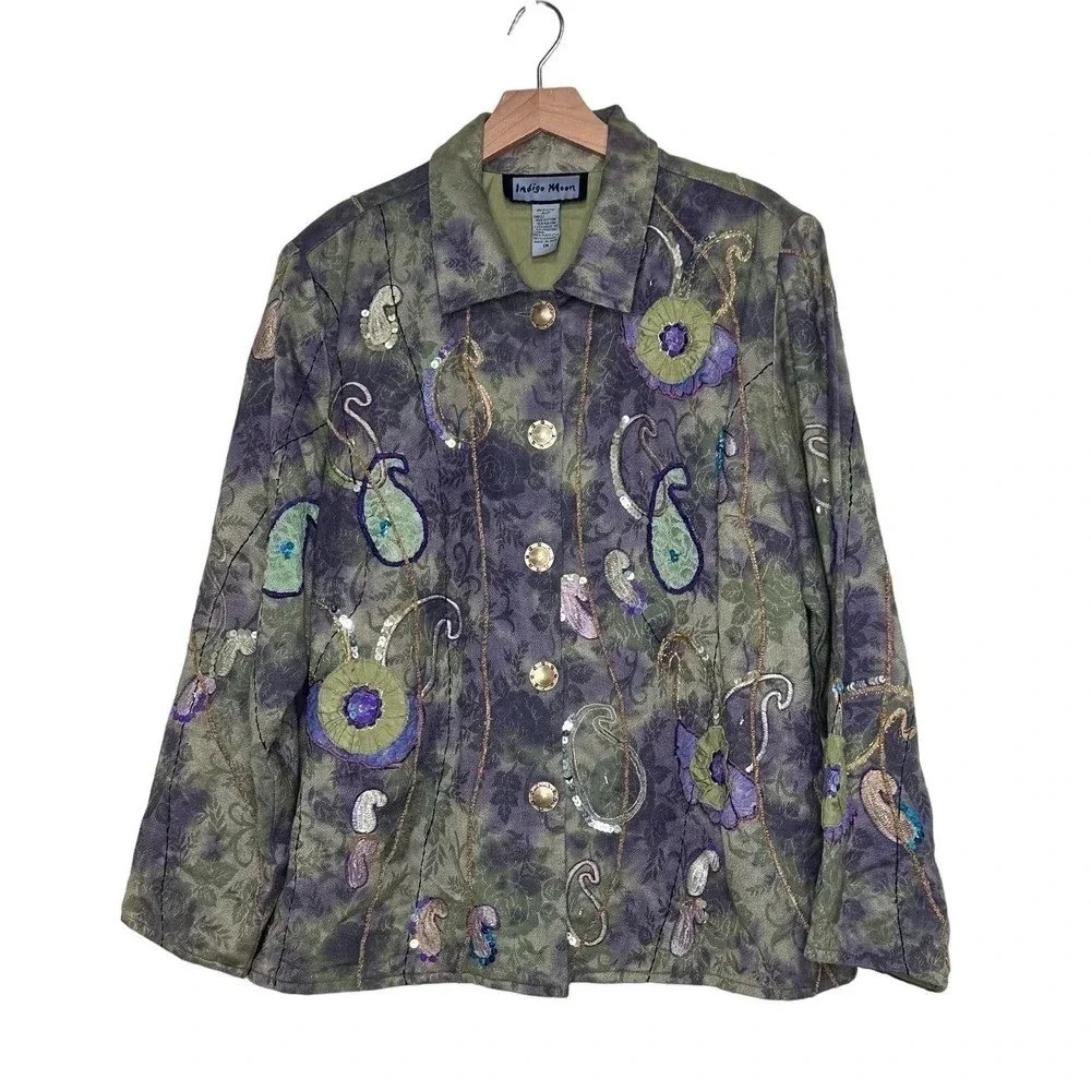 Indigo Moon Jacket 1X Green Purple Floral Paisley Sequin Embellished Art To Wear